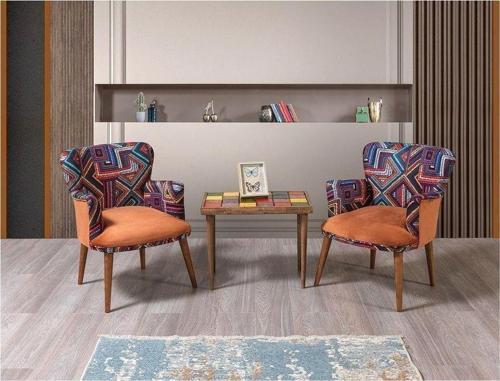 Bienville Turuncu Çay Seti 2 Tekli Koltuk Sehpa (Salon - Balkon - Cafe Ofis)