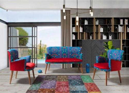 Etnik Desen Çay Seti Koltuk Takımı - Salon - Balkon - 2+1+1 (Kırmızı)