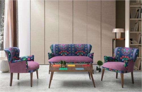 Etnik Desen Çay Seti Koltuk Takımı - Salon - Balkon - 2+1+1 (Mor)
