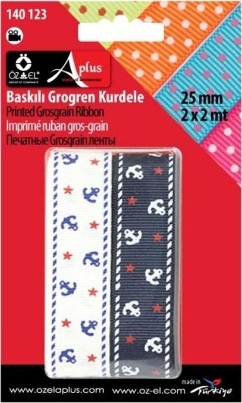 Lacivert Beyaz Çapa Desen Baskılı 2'Li Grogren Kurdele, Paketlik Kurdele 2,5 Cm 2 + 2 Mt 140 123