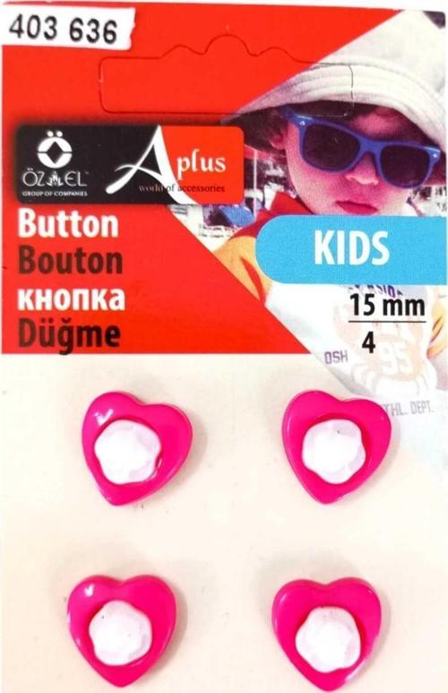 Kalp Şekilli Fuşya Renkli 4 Adet 15 Mm Bebek Düğme, Çocuk Düğme, Gömlek Kazak Yelek Düğmesi 403 636