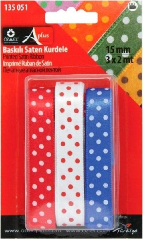 Puantiye Baskılı Mavi, Beyaz, Kırmızı Saten Kurdele 1,5 Cm X 2 Mt 135 051