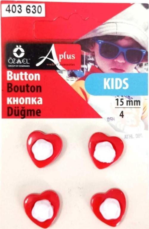 Kalp Şekilli Kırmızı Renkli 4 Adet 15 Mm Bebek Düğme, Çocuk Düğme, Gömlek Kazak Yelek Düğme 403 630