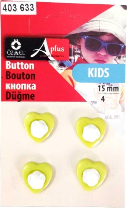 Kalp Şekilli Yeşil Renkli 4 Adet 15 Mm Bebek Düğme, Çocuk Düğme, Gömlek Kazak Yelek Düğmesi 403 633