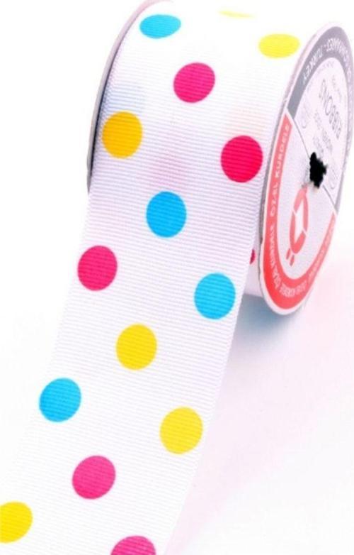 Renkli Puantiye Baskılı Beyaz Grogren Kurdele, 5 Cm 5 Mt 140 173