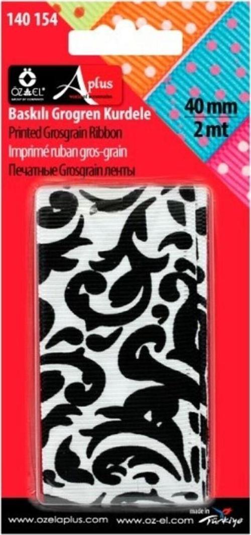 Siyah Beyaz Etnik Baskılı Grogren Kurdele 4 Cm 2 Mt 140 154