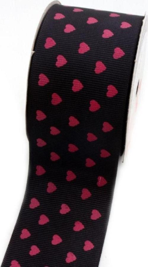 Siyah Mor Kalp Baskılı Grogren Kurdele, Paketlik Kurdele 5 Cm 5 Mt 140 166
