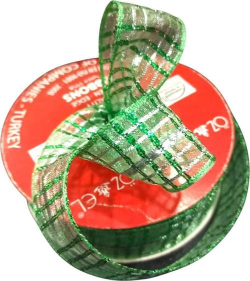 Yeşil Simli Ekose Kurdele, Yılbaşı Kurdelesi, Hediye Paketlik Kurdele 2,5 Cm 5 Mt