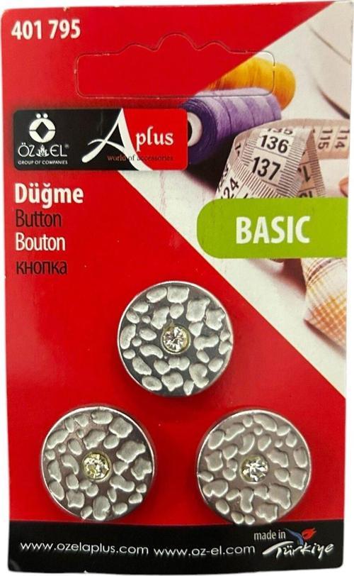 Metal  Zirkon Taşlı Gümüş Rengi Tasarım Fashion Düğme,  3 Adet 20 Mm Bluz Düğmesi,  401 795
