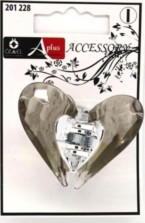 Gri Saydam Kalp Şeklilli Kelebek Mandal Toka, Orta Boy Saç Tokası