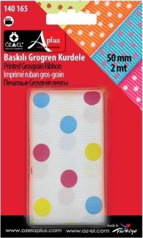 140 165 Renklı Puantıye Baskılı Grogren Kurdela 50Mm./Beyaz