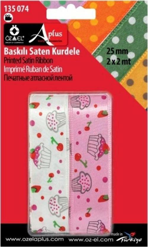 2'Li Pembe Beyaz Cupcake Baskılı Saten Kurdele 2,5 Cm 2+2 Mt 135 074