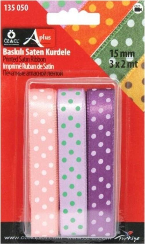 3 Adet Mor, Pembe, Lila Puantiye Baskılı Kurdele, Paketlik Kurdele 1,5 Cm 2 2 2 Mt 100 604