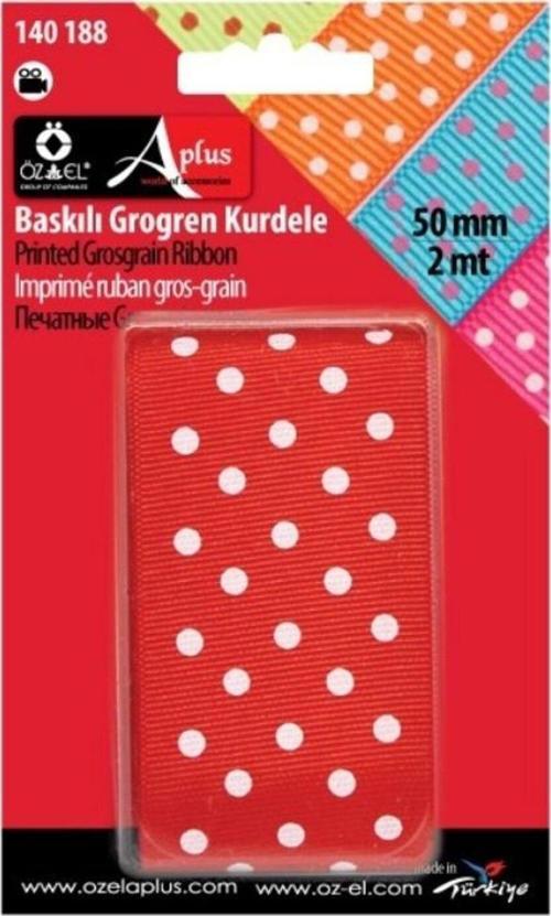 Kırmızı Puantiye Baskılı Grogren Kurdele, 5 Cm 2 Mt 140 188