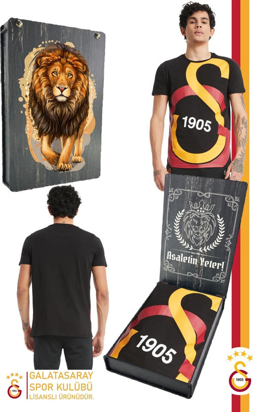 Galatasaray Orijinal Lisanslı Büyük Logolu T-Shirt Gs Aslan Baskılı Hediyelik Ahşap Kutulu