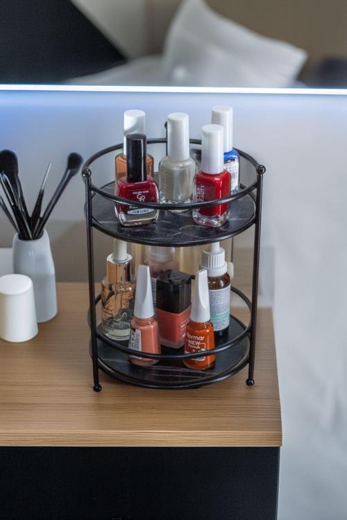 Siyah Banyo Kozmetik Takı Düzenleyici Mermer Desenli Tablalı Çok Amaçlı 2 Katlı Organizer Küçük Boy