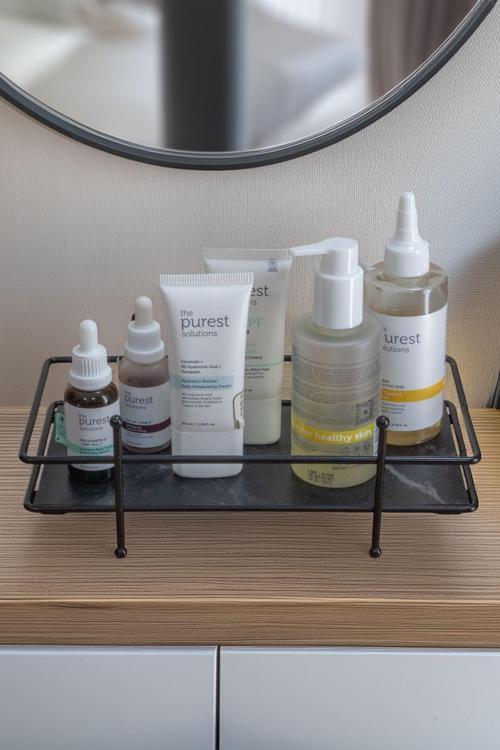 Siyah Banyo Kozmetik Takı Düzenleyici Mermer Desenli Tablalı Çok Amaçlı Dikdörtgen Organizer