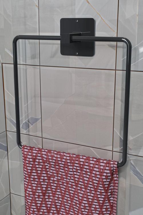 Yapışkanlı Siyah Kare Havlu Askısı Kare Banyo Havluluk Yapışkanlı Havlu Tutacağı