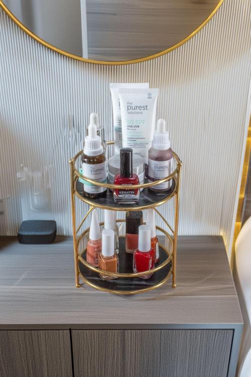 Gold Banyo Kozmetik Takı Düzenleyici Mermer Desenli Tablalı Çok Amaçlı 2 Katlı Organizer Küçük Boy