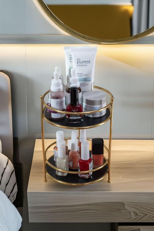 Gold Banyo Kozmetik Takı Düzenleyici Siyah Tablalı Çok Amaçlı 2 Katlı Organizer Küçük Boy