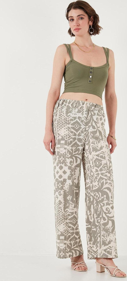 Desenli Standart Fit Yüksek Bel Geniş Paça Bayan Pantolon 5869019 Olive