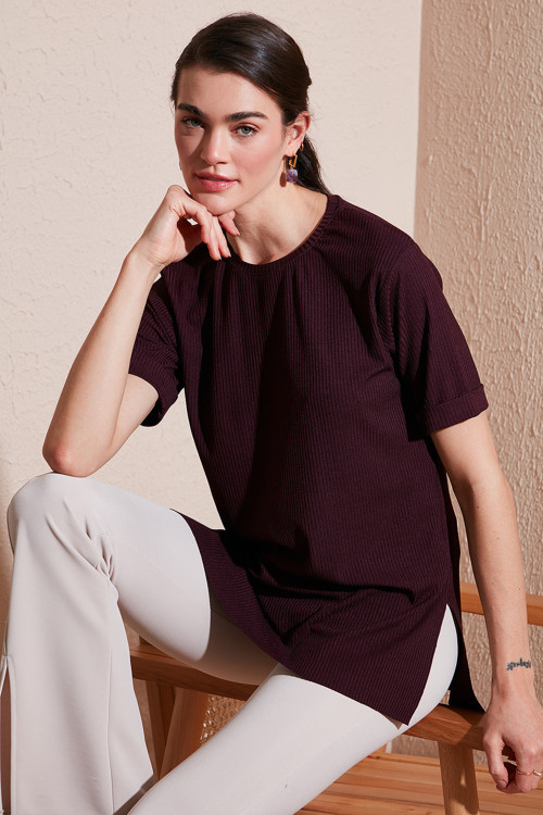 Oversize Bisiklet Yaka Yırtmaç Detaylı Bayan Bluz 5869000 VİŞNE