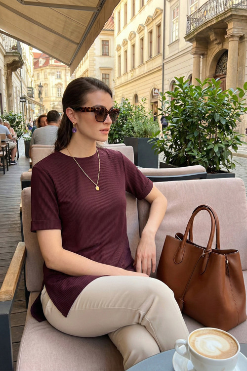 Oversize Bisiklet Yaka Yırtmaç Detaylı Bayan Bluz 5869000 VİŞNE