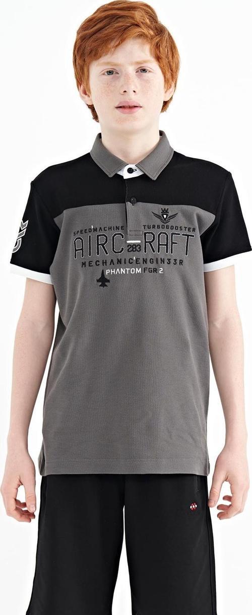 Koyu Gri Renk Bloklu Yazı Nakışlı Standart Kalıp Polo Yaka Erkek Çocuk T-Shirt - 11087