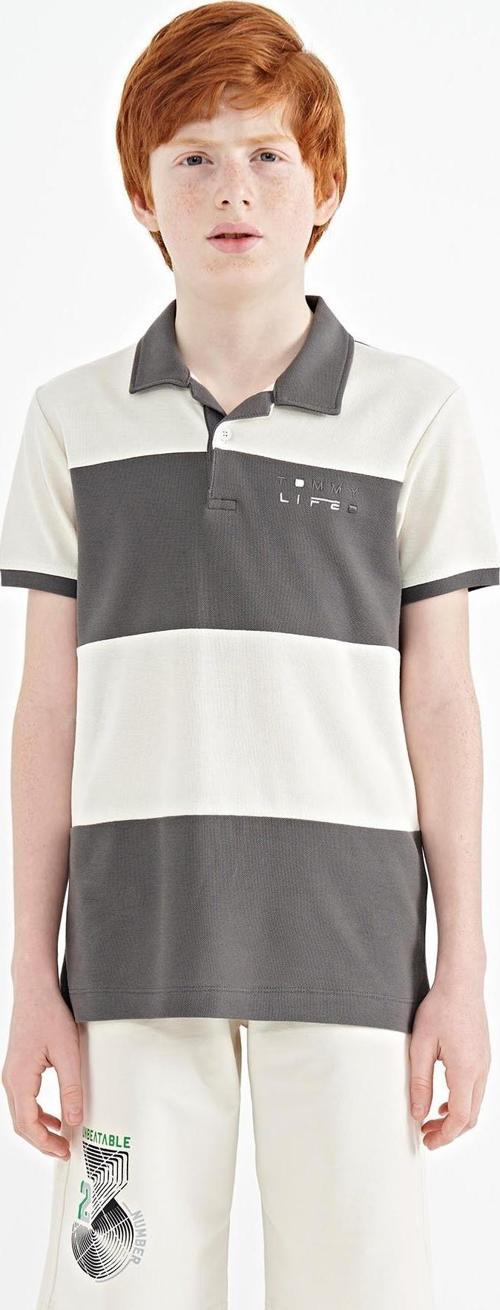 Koyu Gri Renk Bloklu Yazı Nakışlı Standart Kalıp Polo Yaka Erkek Çocuk T-Shirt - 11095