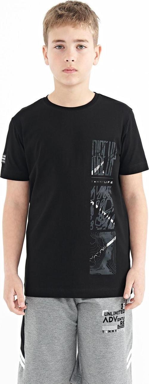 Siyah Baskı Detaylı O Yaka Standart Kalıp Erkek Çocuk T-Shirt - 11104