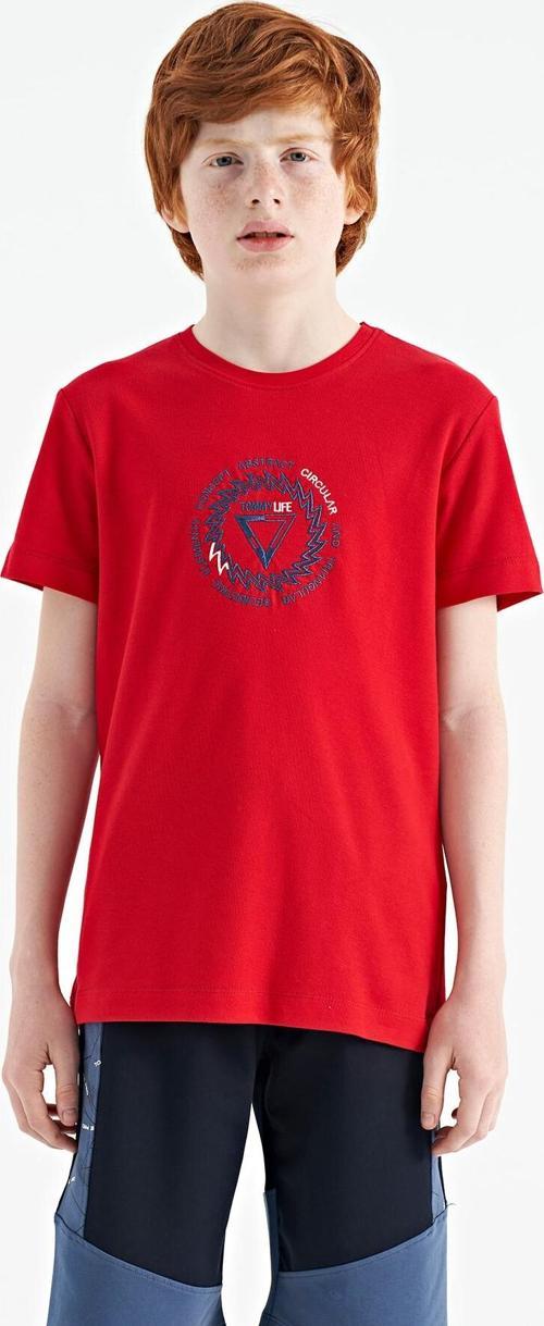 Kırmızı Nakış İşleme Detaylı O Yaka Standart Kalıp Erkek Çocuk T-Shirt - 11115