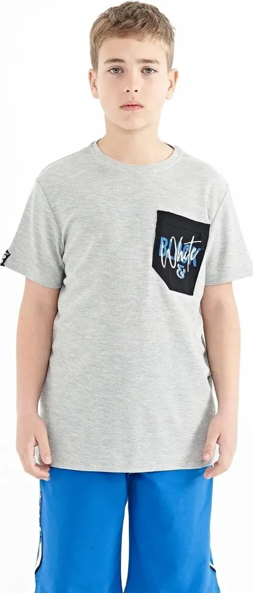 Gri Melanj Ön Cepli Nakış Detaylı O Yaka Standart Kalıp Erkek Çocuk T-Shirt - 11116