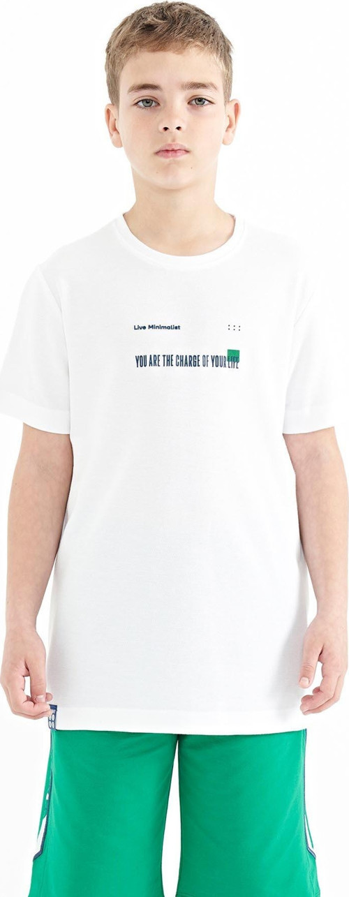 Beyaz Baskı Detaylı O Yaka Standart Kalıp Erkek Çocuk T-Shirt - 11117