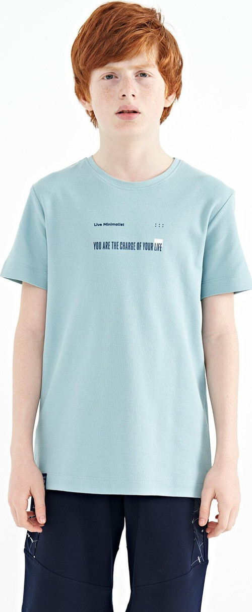 Açık Mavi Baskı Detaylı O Yaka Standart Kalıp Erkek Çocuk T-Shirt - 11117