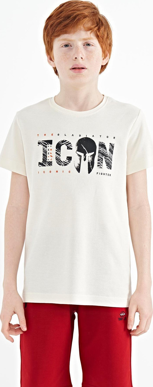 Ekru Ön Yazı Nakışlı O Yaka Standart Kalıp Erkek Çocuk T-Shirt - 11118