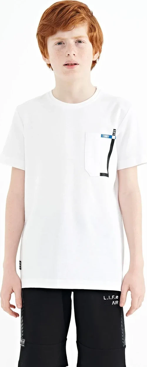 Beyaz Cep Detaylı O Yaka Standart Kalıp Erkek Çocuk T-Shirt - 11120