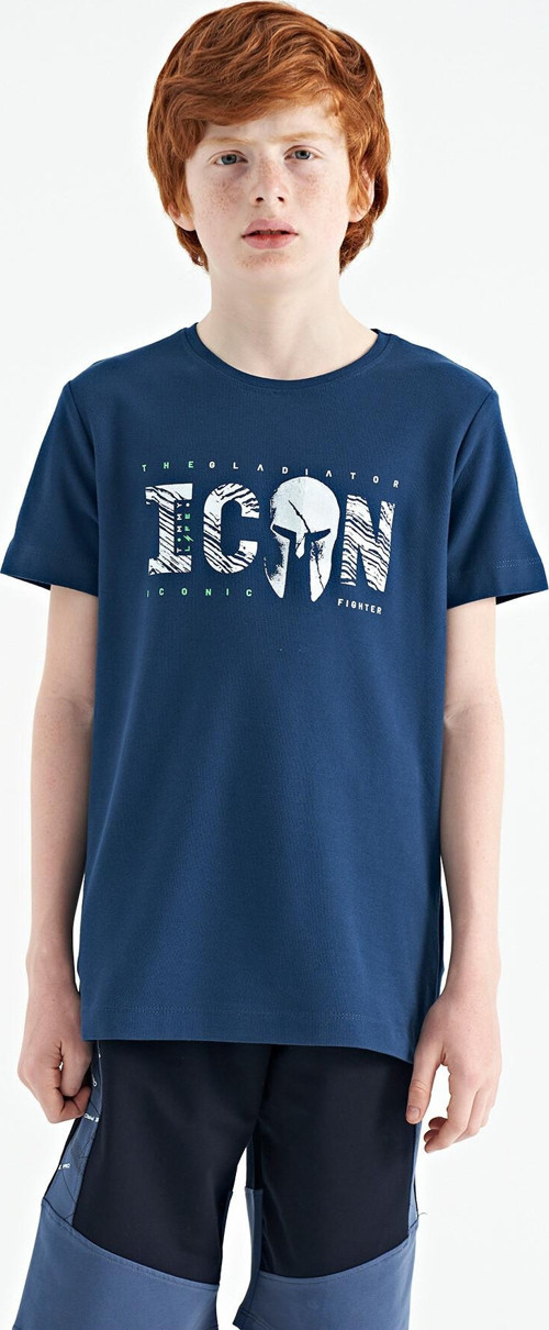 İndigo Ön Yazı Nakışlı O Yaka Standart Kalıp Erkek Çocuk T-Shirt - 11118