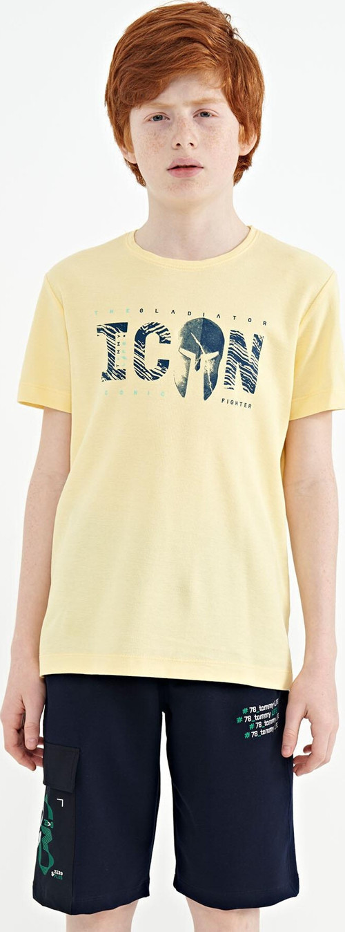 Sarı Ön Yazı Nakışlı O Yaka Standart Kalıp Erkek Çocuk T-Shirt - 11118