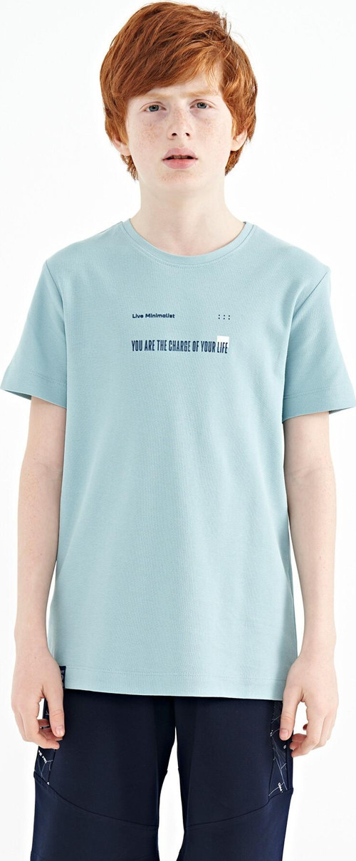 Açık Mavi Baskı Detaylı O Yaka Standart Kalıp Erkek Çocuk T-Shirt - 11117