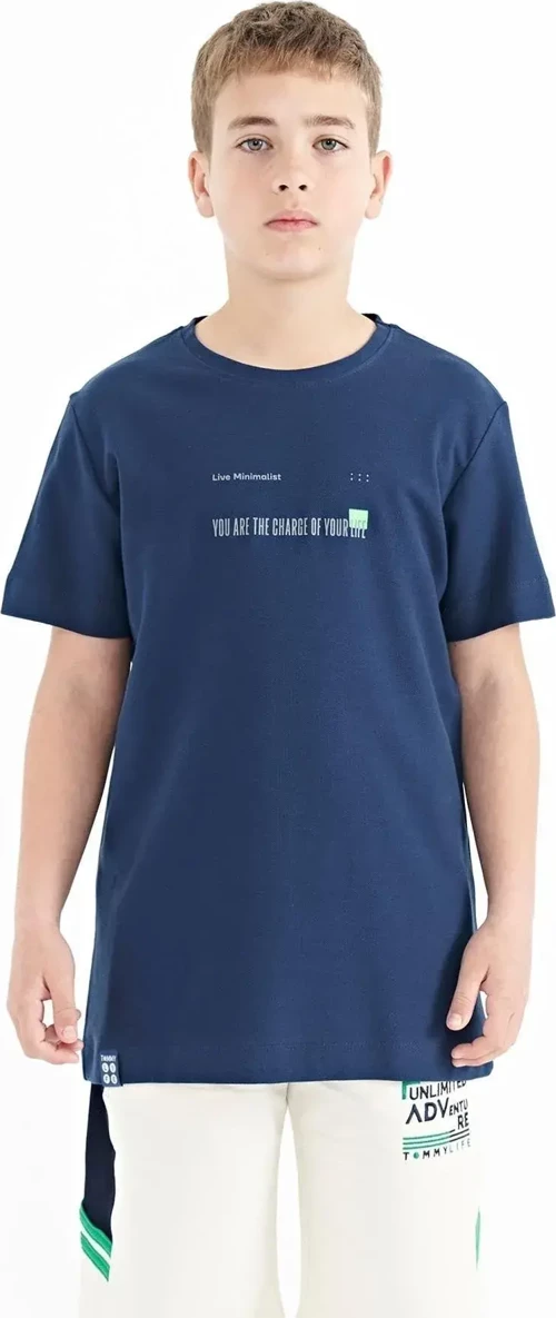 İndigo Baskı Detaylı O Yaka Standart Kalıp Erkek Çocuk T-Shirt - 11117