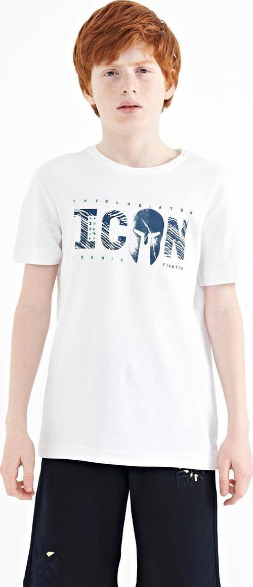 Beyaz Ön Yazı Nakışlı O Yaka Standart Kalıp Erkek  Çocuk T-Shirt - 11118