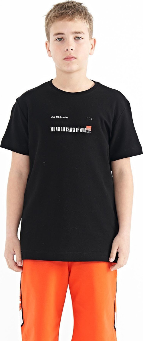 Siyah Baskı Detaylı O Yaka Standart Kalıp Erkek Çocuk T-Shirt - 11117