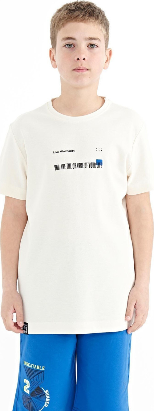 Ekru Baskı Detaylı O Yaka Standart Kalıp Erkek Çocuk T-Shirt - 11117
