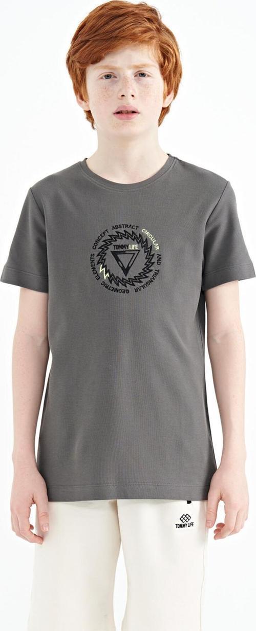 Koyu Gri Nakış İşleme Detaylı O Yaka Standart Kalıp Erkek Çocuk T-Shirt - 11115