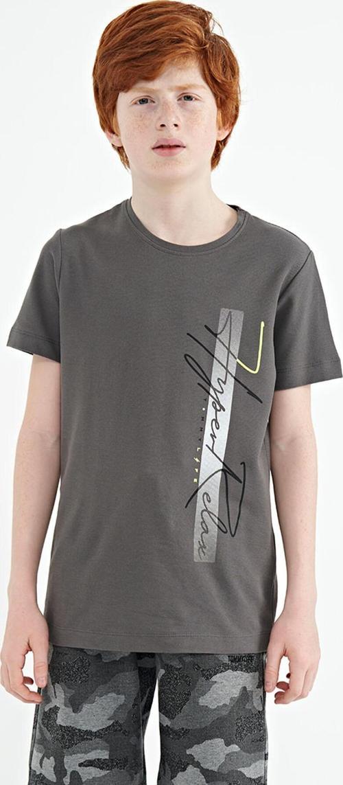 Koyu Gri Yazı Baskılı O Yaka Standart Kalıp Erkek Çocuk T-Shirt - 11119