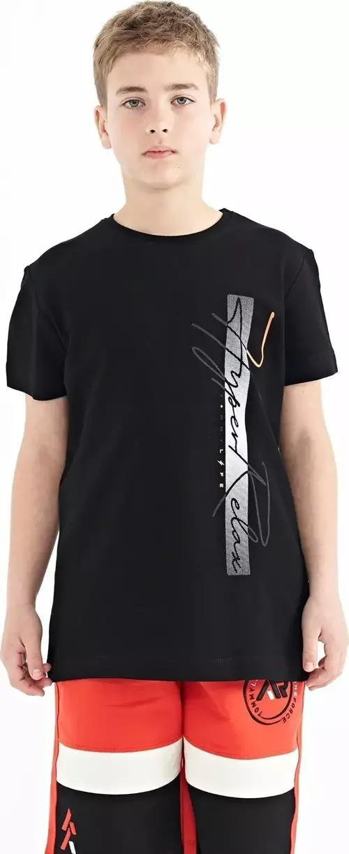 Siyah Yazı Baskılı O Yaka Standart Kalıp Erkek Çocuk T-Shirt - 11119
