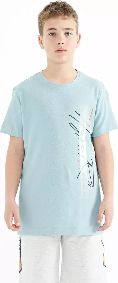 Açık Mavi Yazı Baskılı O Yaka Standart Kalıp Erkek Çocuk T-Shirt - 11119