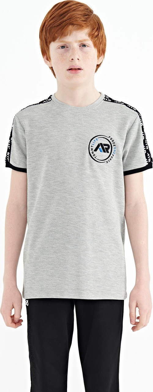 Gri Melanj Omuz Baskı Detaylı Standart Kalıp O Yaka Erkek Çocuk T-Shirt - 11121