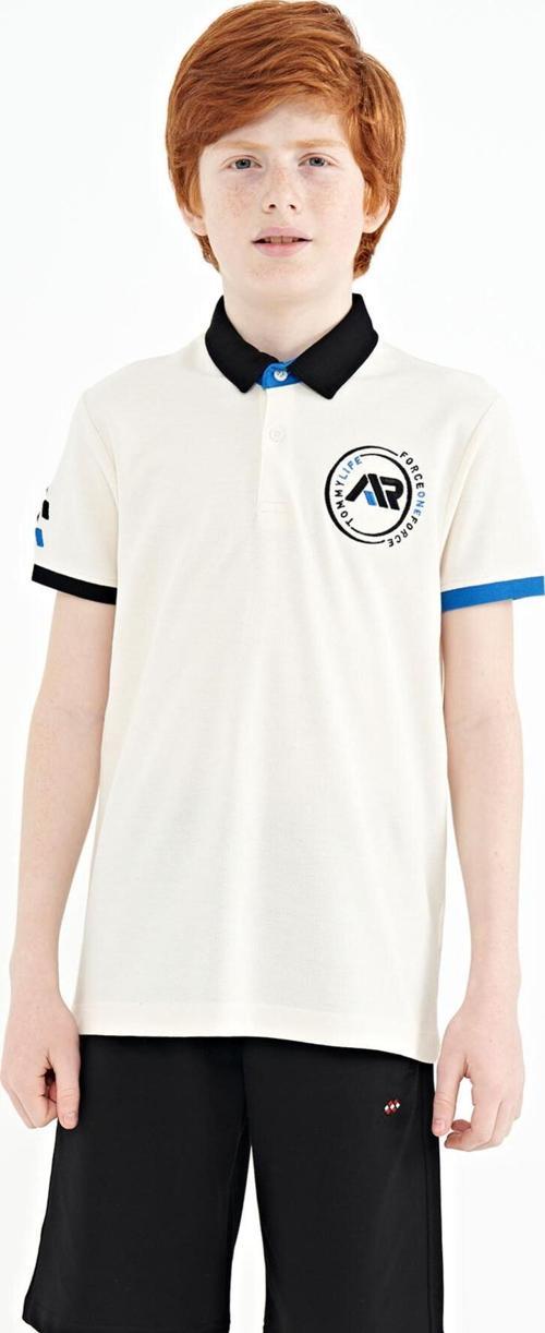 Ekru Kol Ucu Renkli Logo Nakışlı Standart Kalıp Polo Yaka Erkek Çocuk T-Shirt - 11138