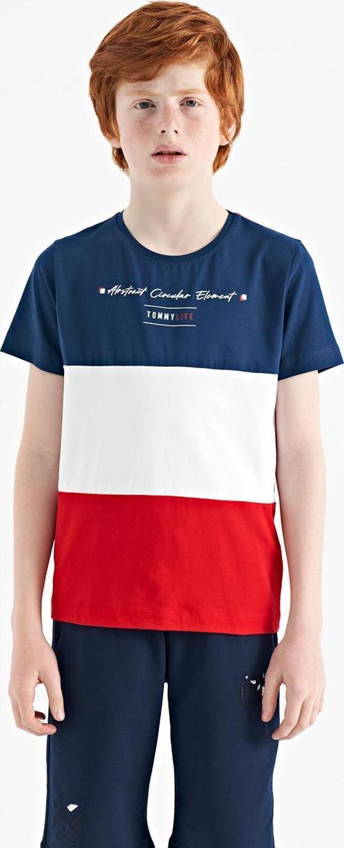 Kırmızı Renk Bloklu O Yaka Baskı Detaylı Standart Kalıp Erkek Çocuk T-Shirt - 11135